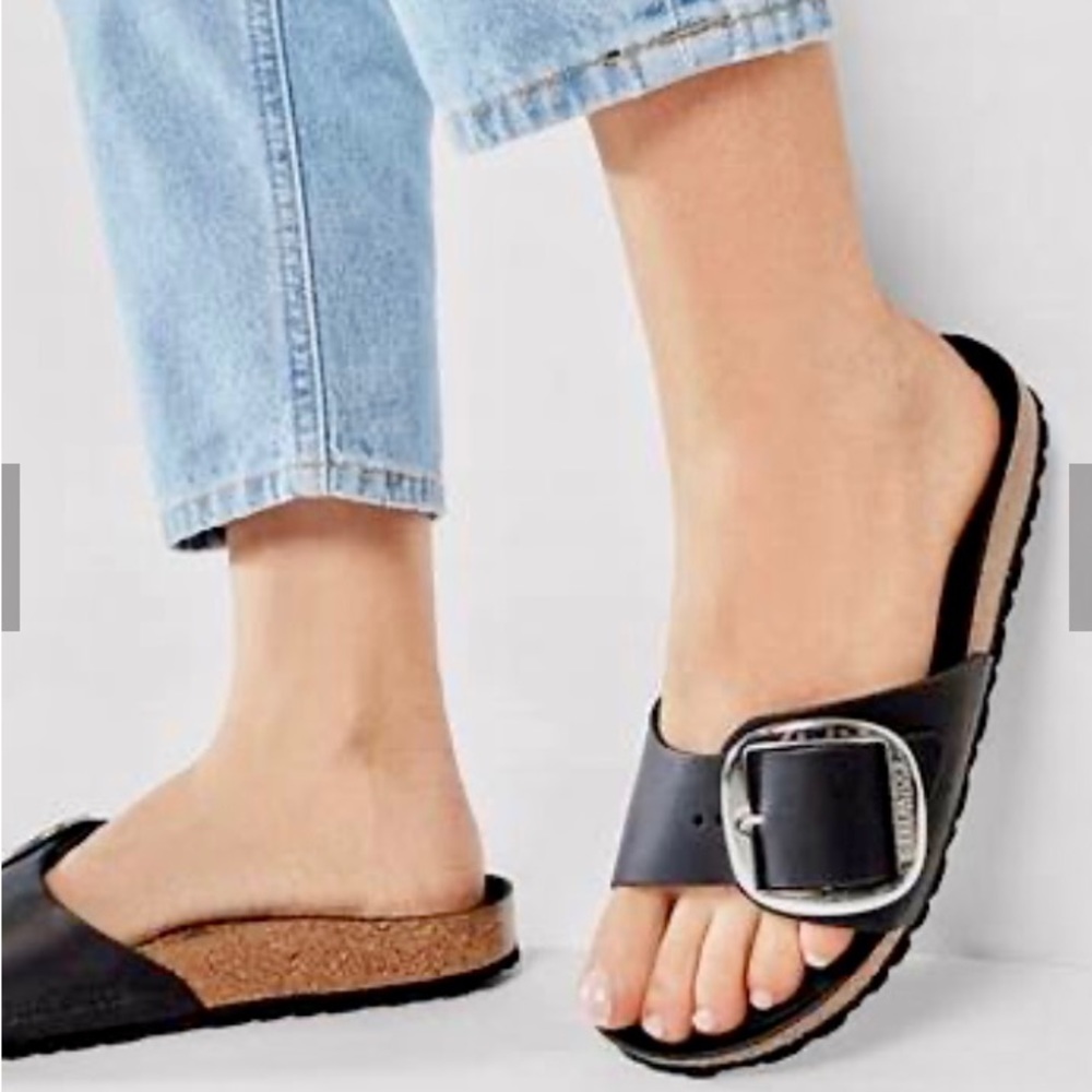 Birkenstock Madrid Big Buckle Sandles. Black leather with  silver buckle